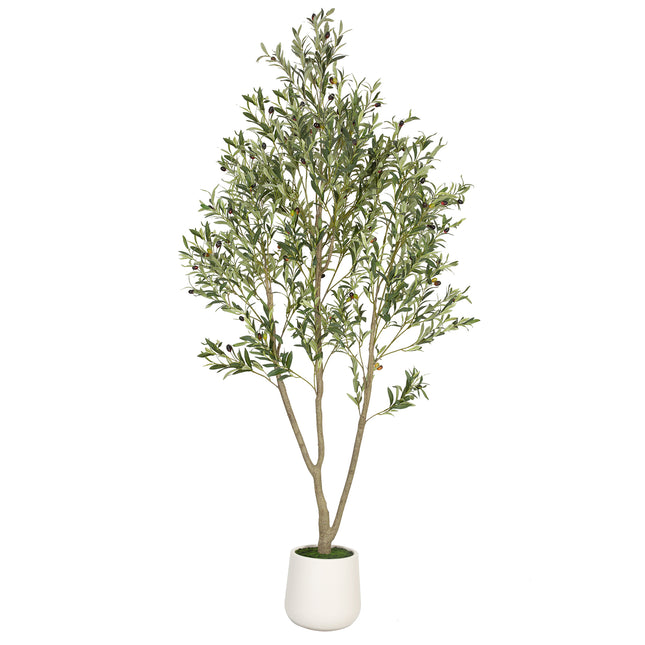 7FT Artificial Olive Tree in White Planter Faux Indoor Plant with Realistic Wood Trunk & Lifelike Fruits for Home/Office Decor