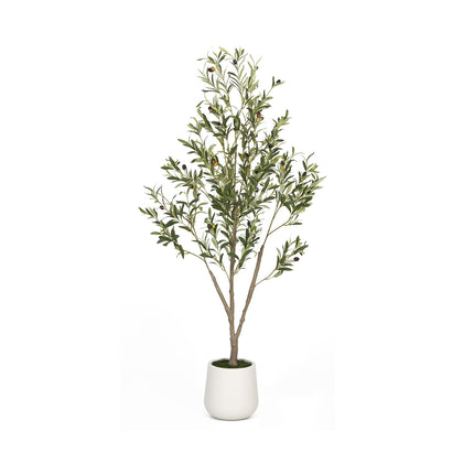 5FT Artificial Olive Tree in White Planter Faux Indoor Plant with Realistic Wood Trunk & Lifelike Fruits for Home & Office Decor