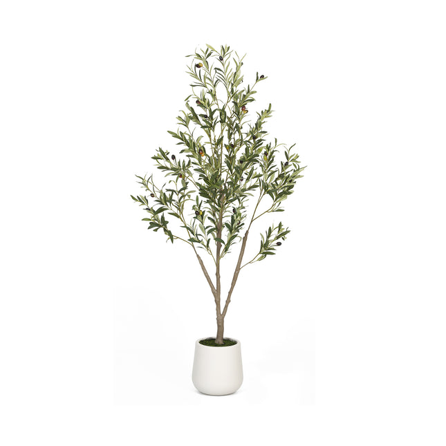 5FT Artificial Olive Tree in White Planter Faux Indoor Plant with Realistic Wood Trunk & Lifelike Fruits for Home & Office Decor