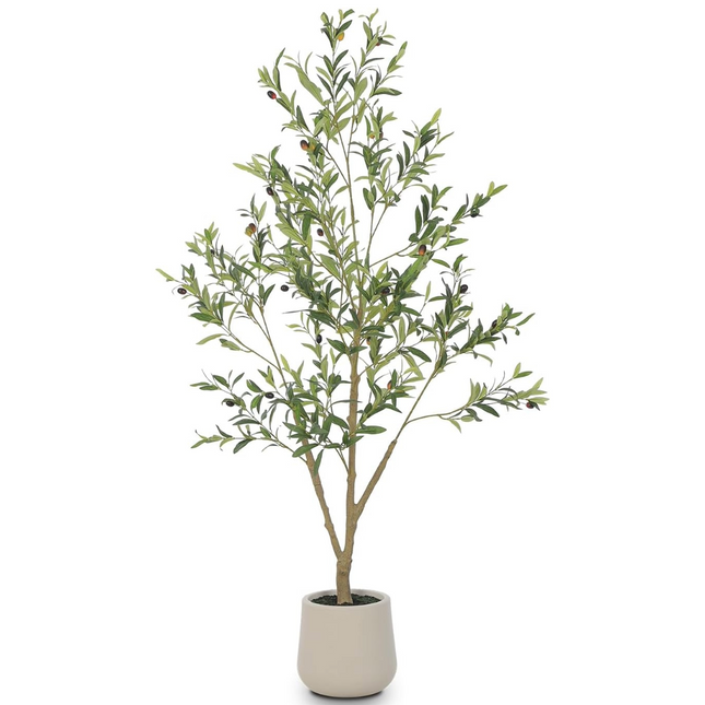 Artificial Olive Tree Tall Faux Silk Tree with White Tall Planter, with Natural Wood Trunk and Lifelike Fruits