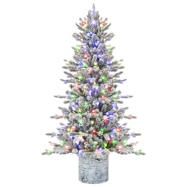 4.5' Prelit Snow Flocked Potted Christmas Tree, Artificial Christmas Tree with 150 Multicolor LED Lights, 621 PE & PVC Branch Tips, Sturdy Potted Stand, 10 Color Modes