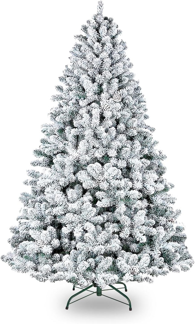6.5' Snow Flocked Artificial Christmas Tree with Pine Cones, Metal Stand and Hinged Branches