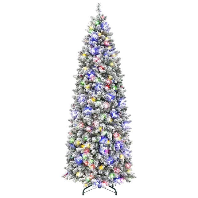 6.5'/7.5' Prelit Snow Flocked Slim Christmas Tree, PE & PVC Tips, Artificial Tree w/ 11 Colors LED Lights, Pine Cones & Berries, Hinged Branches and Metal Stand