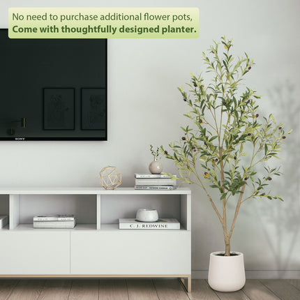 5FT Artificial Olive Tree in White Planter Faux Indoor Plant with Realistic Wood Trunk & Lifelike Fruits for Home & Office Decor