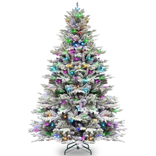 6.5'/7.5' Premium Prelit Snow Flocked Christmas Tree with 11 Modes LED Lights, Branch Tips, Metal Stand and Hinged Branches