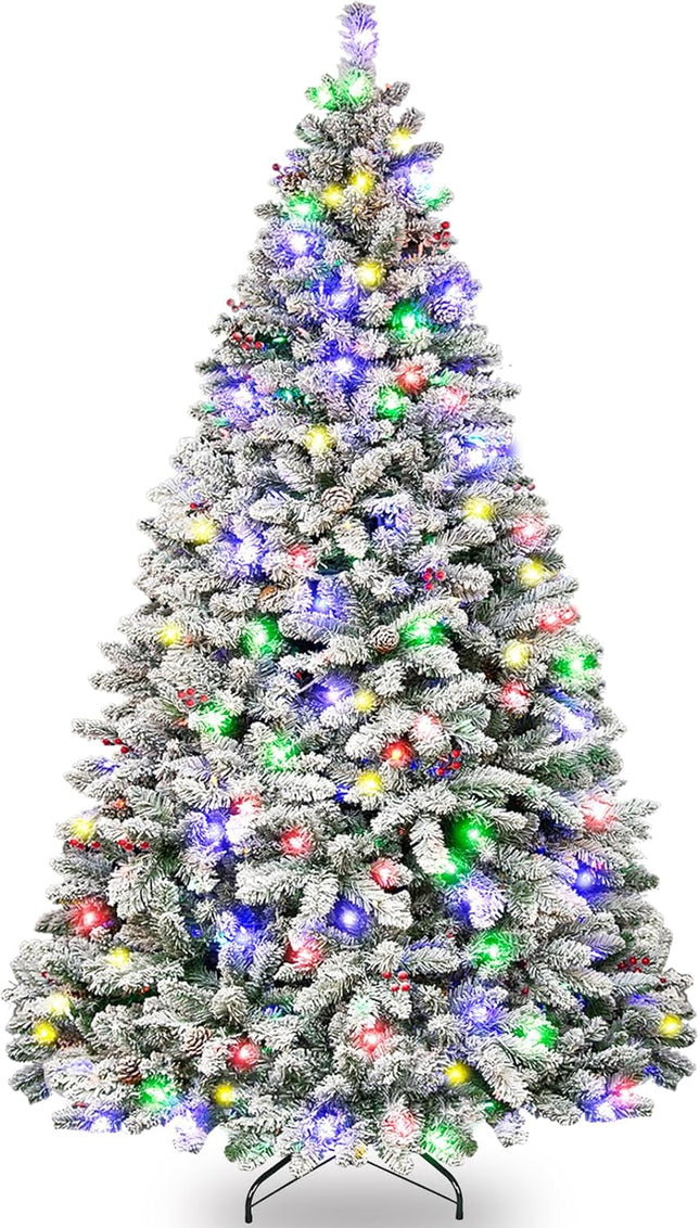 Vivatrees 6.5'/7.5'/9' Prelit Snow Flocked Christmas Tree with Pine Cones and Berries, Color Changing LED Lights, Branch Tips, Metal Stand and Hinged Branches, 10 Color Modes