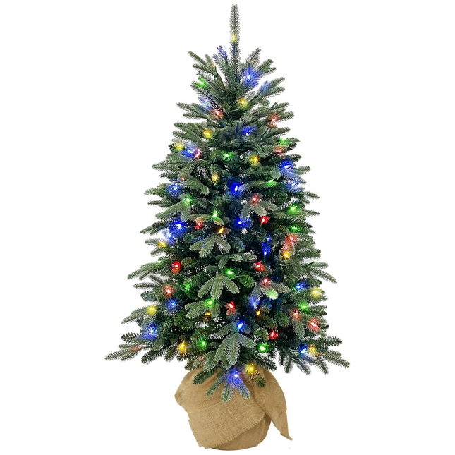 4' Prelit Christmas Tree with 150 Color Changing LED Lights, Artificial Decorated Burlap Christmas Tree with 643 PE & PVC Branch Tips, 10 Color Modes