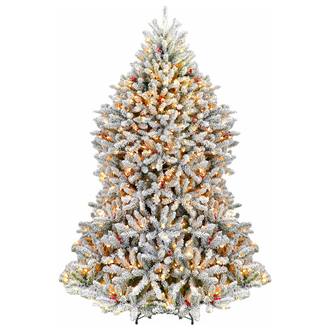 6.5'/7.5' Snow Flocked Prelit Artificial Fir Christmas Tree with Pine Cones and Berries, PVC Branch Tips, Warm White LED Lights, Metal Stand and Hinged Branches