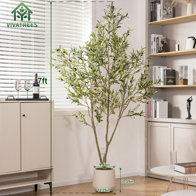 7FT Artificial Olive Tree in White Planter Faux Indoor Plant with Realistic Wood Trunk & Lifelike Fruits for Home/Office Decor