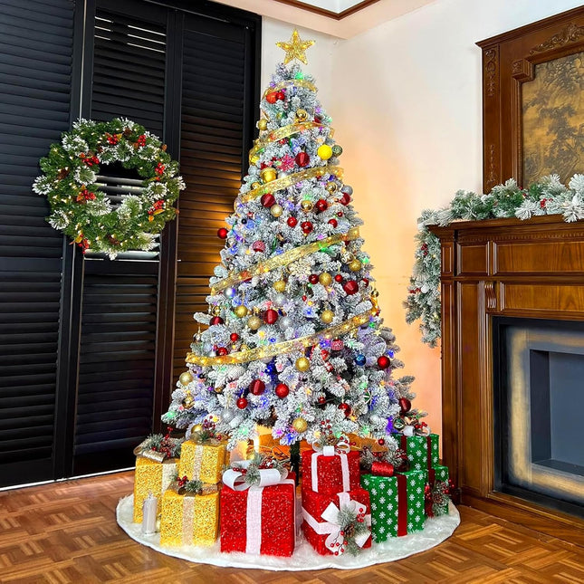 Vivatrees 6.5'/7.5'/9' Prelit Snow Flocked Christmas Tree with Pine Cones and Berries, Color Changing LED Lights, Branch Tips, Metal Stand and Hinged Branches, 10 Color Modes