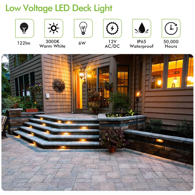 LED Landscape Deck Light, 10 Inch 6W 122LM 12V Wired for Outdoor Yard Lawn Step and Stair Lighting, Waterproof, 15-Year Lifespan (6-PACK)