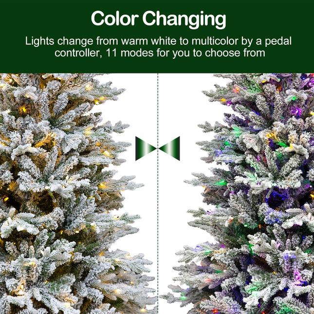 6.5'/7.5' Premium Prelit Snow Flocked Christmas Tree with 11 Modes LED Lights, Branch Tips, Metal Stand and Hinged Branches