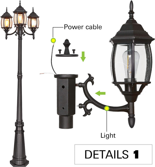 89" Outdoor Post Light, 3-Head Surface-Mount Post Combination, ETL Listed