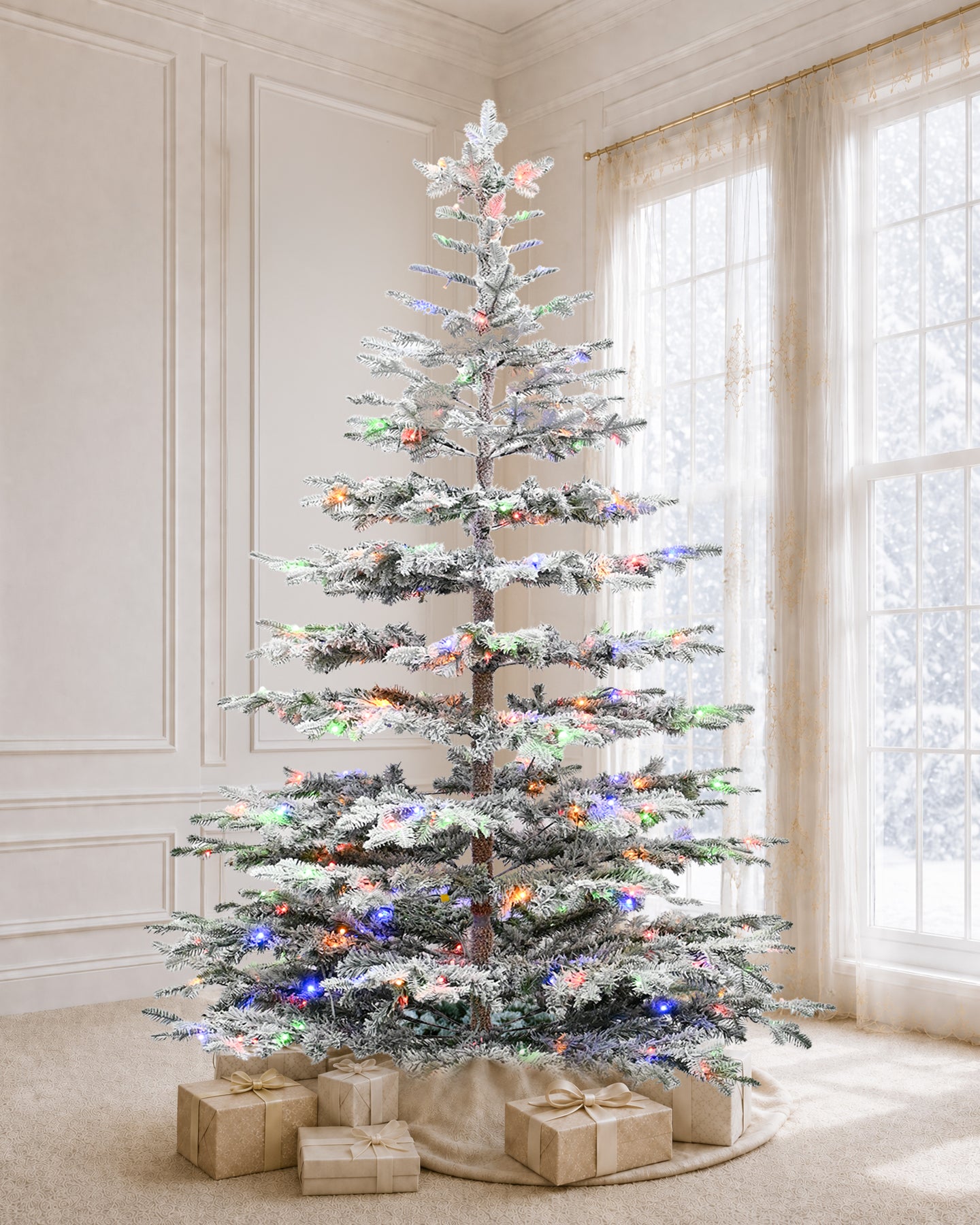 6 ft Keepsake Pre-Lit Layered Flocked Fir Artificial Christmas Tree with Warm White & Color LED Lights – Vivatrees