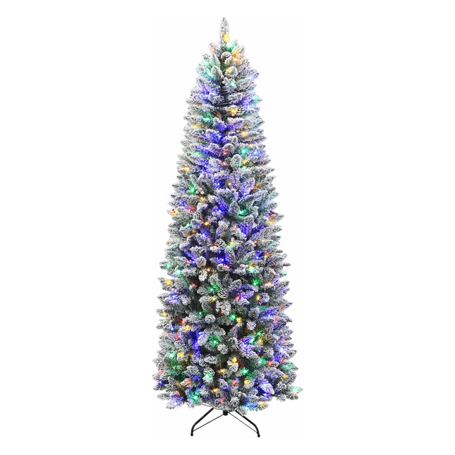 6.5'/7.5'/9' Prelit Snow Flocked Pencil Slim Christmas Tree with Color Changing LED Lights, Metal Stand and Hinged Branches, 10 Color Modes