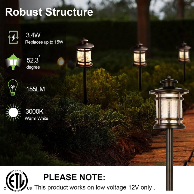 Low Voltage ORB LED Landscape Path Light W/ Crackled Shade, 3.4W 155LM 12V Wired Outdoor LED Walkway Light (6-PACK)