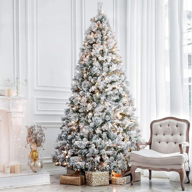 2024 Version 6'/7.5'/9' Snow Flocked Prelit Christmas Tree with Pine Cones, Warm White Lights, Metal Stand and Hinged Branches