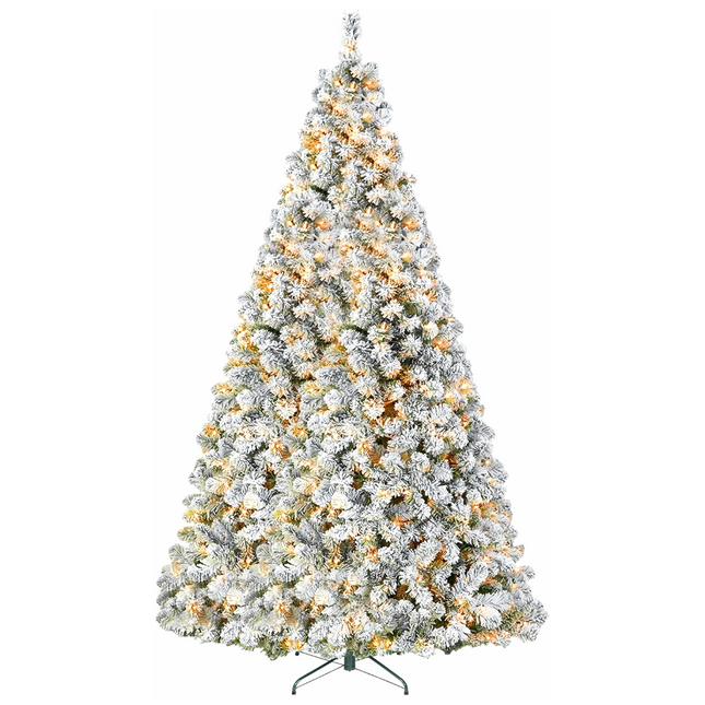 4.5'/6' Prelit Artificial Snow Flocked Christmas Tree with Warm White LED Lights, PVC Branch Tips, Easy Assembly with Metal Stand and Hinged Branches