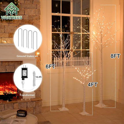 LED Birch Tree, Lights 3 Sizes Pack, 4ft & 6ft & 8ft Trees with Warm White Lights, Outdoor Indoor Christmas Wedding Party Decor