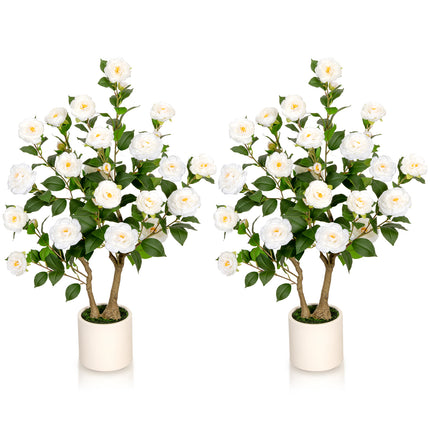 VIVATREES 3ft Artificial Camellia Tree 2 Pack, 36'' Tall Faux Camellia Plant with White Flowers, UV Resistant Indoor Outdoor Fake Tree with White Planter Pot Included for Home Patio Wedding Decor
