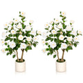 VIVATREES 3ft Artificial Camellia Tree 2 Pack, 36'' Tall Faux Camellia Plant with White Flowers, UV Resistant Indoor Outdoor Fake Tree with White Planter Pot Included for Home Patio Wedding Decor
