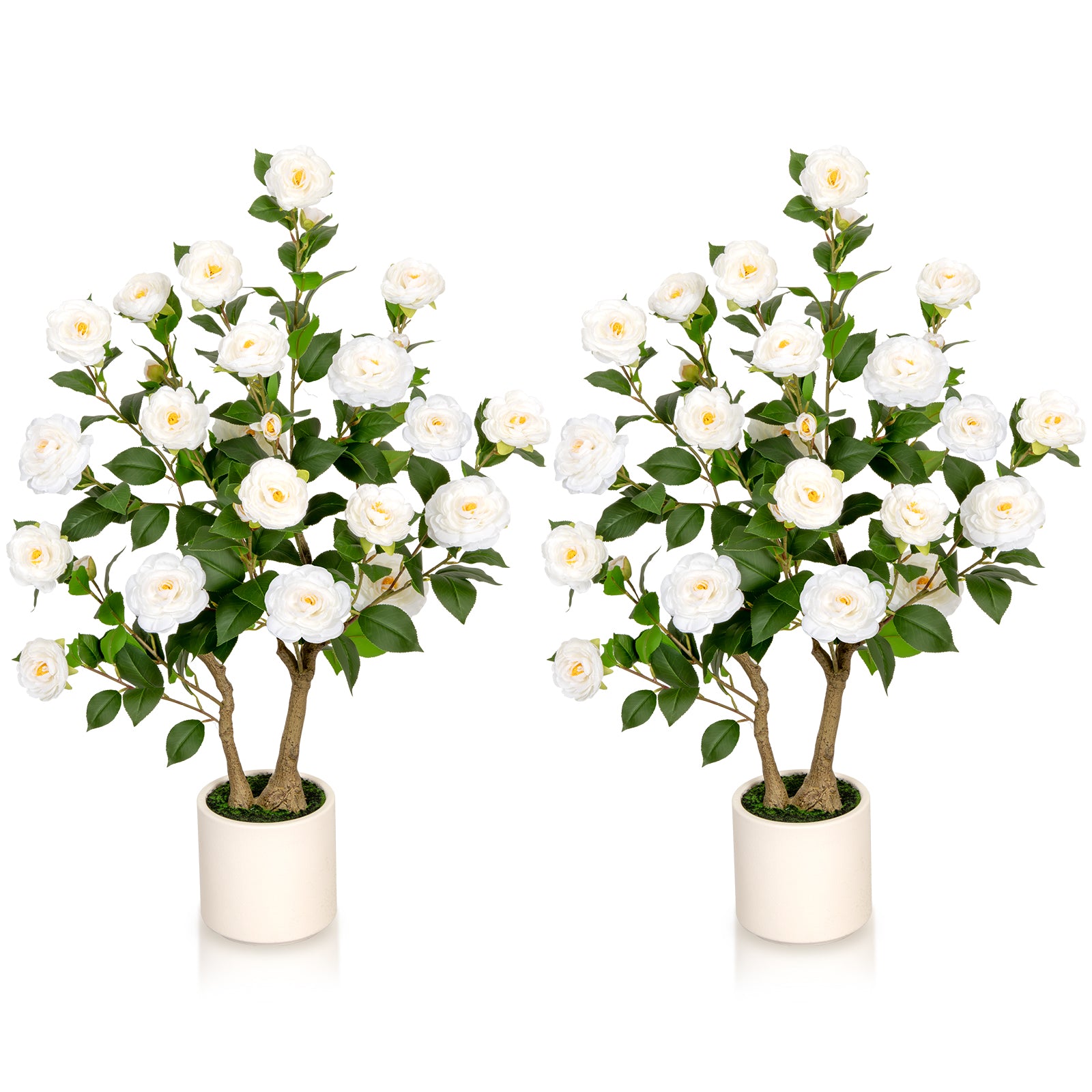 VIVATREES 3ft Artificial Camellia Tree 2 Pack, 36'' Tall Faux Camellia Plant with White Flowers, UV Resistant Indoor Outdoor Fake Tree with White Planter Pot Included for Home Patio Wedding Decor