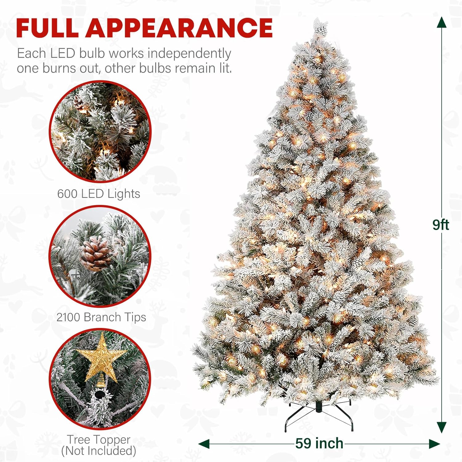 VIVATREES 6.5'/7.5'/9' Snow Flocked Prelit Christmas Tree with Pine Cones, Warm White Lights, Metal Stand and Hinged Branches