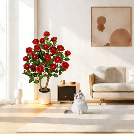 VIVATREES 3ft Artificial Camellia Tree 2 Pack, 36'' Tall Faux Camellia Plant with Red Flowers, UV Resistant Indoor Outdoor Fake Tree with White Planter Pot Included for Home Patio Wedding Decor