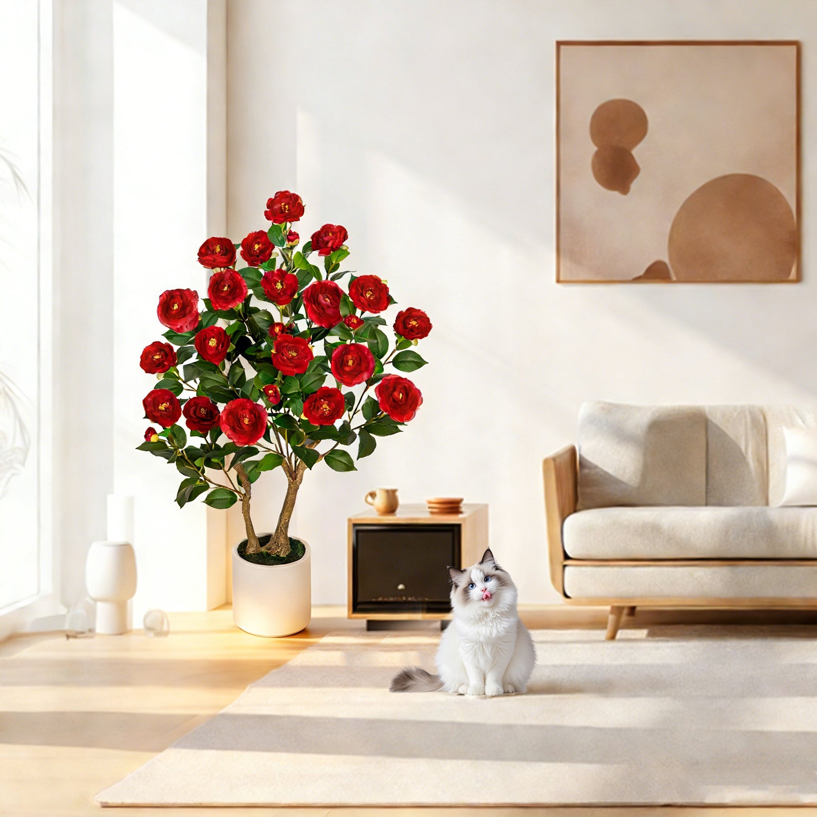 VIVATREES 3ft Artificial Camellia Tree 2 Pack, 36'' Tall Faux Camellia Plant with Red Flowers, UV Resistant Indoor Outdoor Fake Tree with White Planter Pot Included for Home Patio Wedding Decor