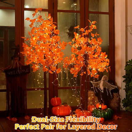 5FT Artificial Lighted Maple Tree, 96LED Tall Tree with Warm White Lights and Maple Leaves for Thanksgiving, Christmas, Autumn Harvest Outdoor Indoor Home Decor, Orange