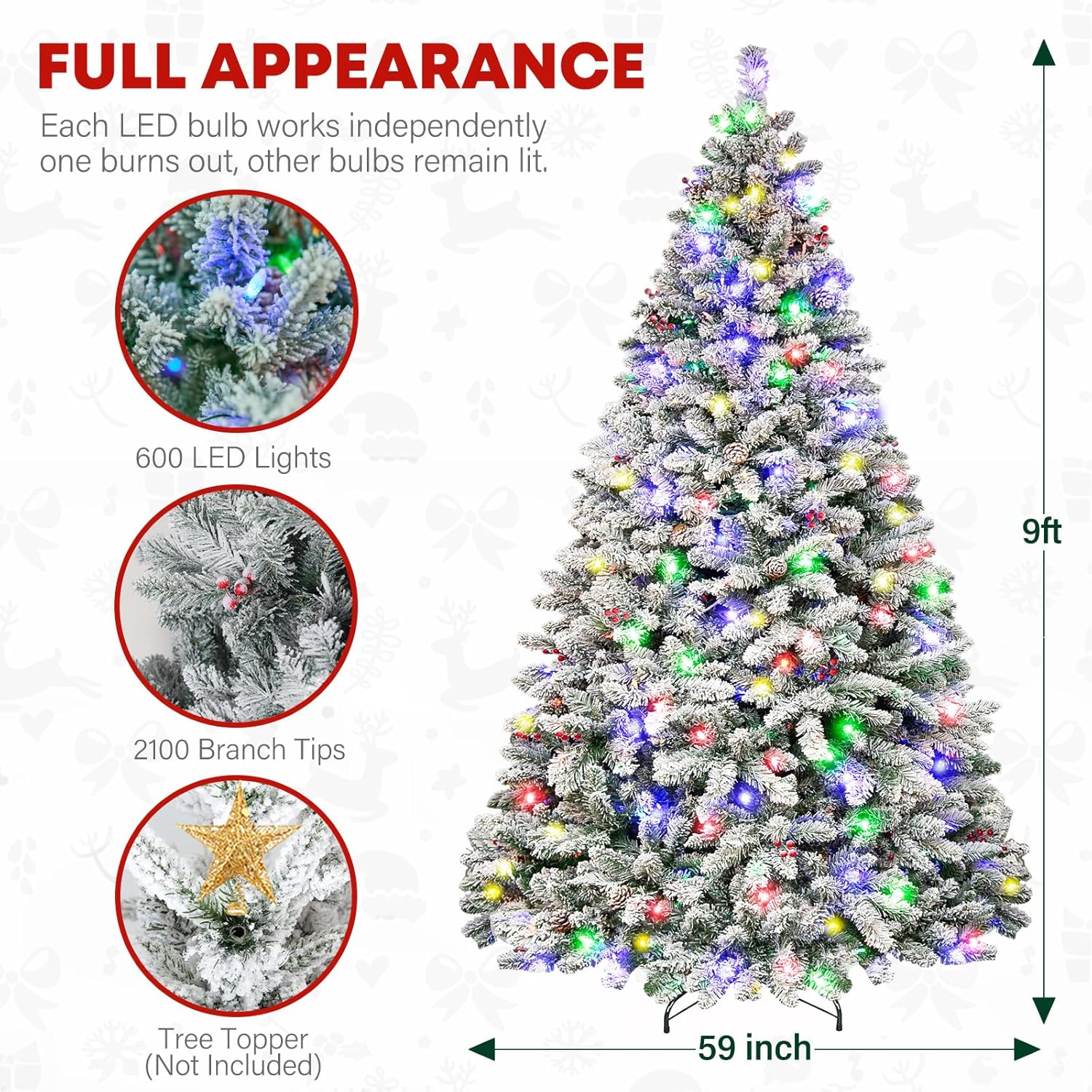 Vivatrees 6.5'/7.5'/9' Prelit Snow Flocked Christmas Tree with Pine Cones and Berries, Color Changing LED Lights, Branch Tips, Metal Stand and Hinged Branches, 10 Color Modes