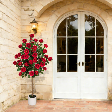 VIVATREES 5ft Artificial Camellia Tree, 60'' Tall Faux Camellia Plant with Red Flowers, UV Resistant Indoor Outdoor Fake Tree with White Planter Pot Included for Living Room Patio Wedding Decor