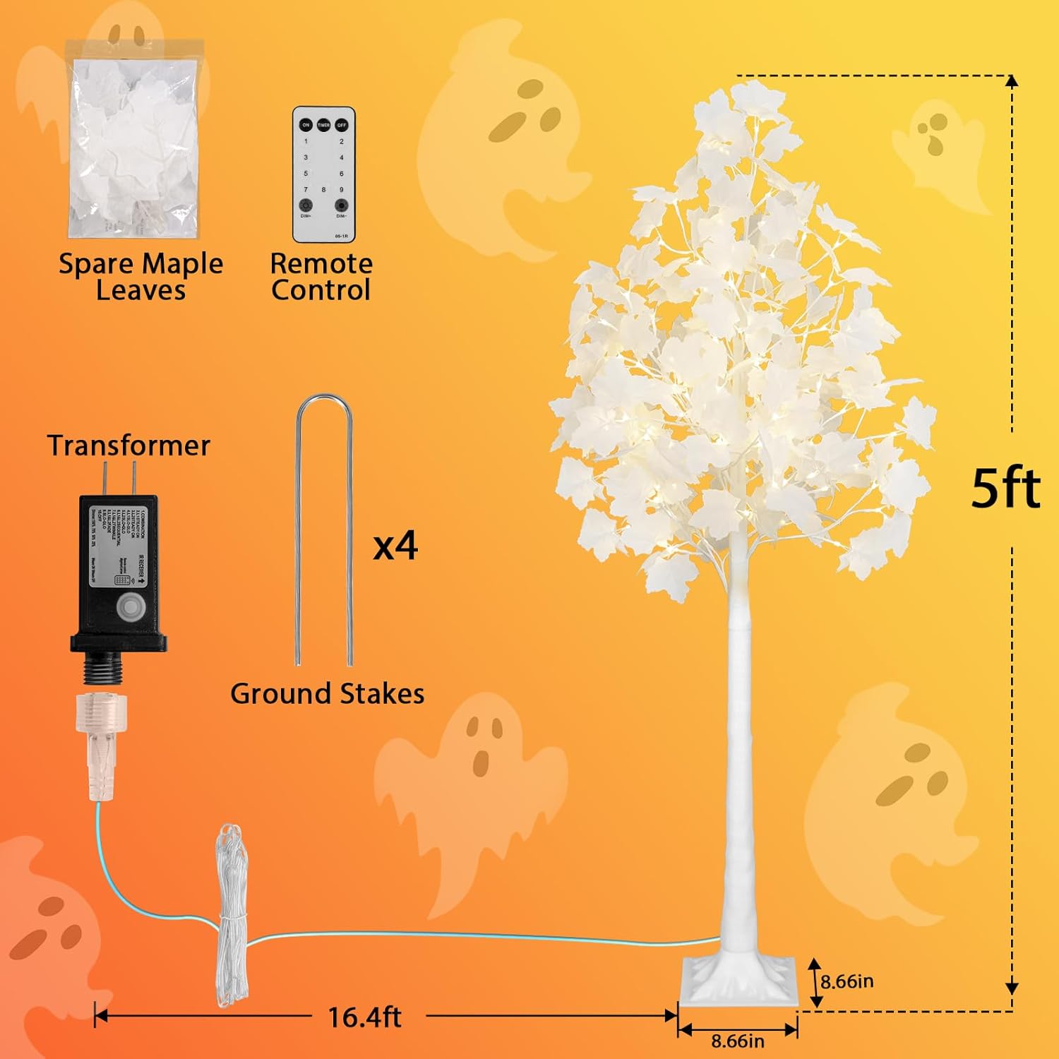 5FT 96LED Artificial Lighted White Maple Tree, Tall Tree with Dual-Tone Lights (Cold & Warm White) Thanksgiving, Christmas, Autumn Harvest Outdoor Indoor Home Decor