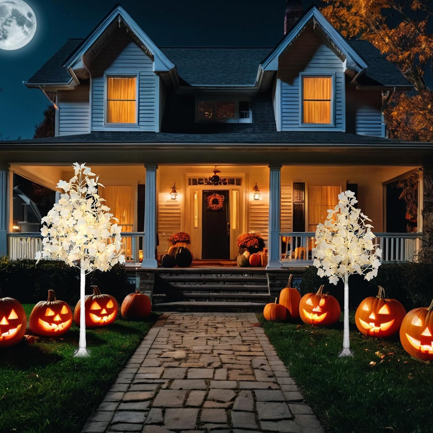 5FT 96LED Artificial Lighted White Maple Tree, Tall Tree with Dual-Tone Lights (Cold & Warm White) Thanksgiving, Christmas, Autumn Harvest Outdoor Indoor Home Decor