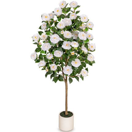 VIVATREES 5ft Artificial Camellia Tree, 60'' Tall Faux Camellia Plant with White Flowers, UV Resistant Indoor Outdoor Fake Tree with White Planter Pot Included for Living Room Patio Wedding Decor