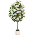 VIVATREES 5ft Artificial Camellia Tree, 60'' Tall Faux Camellia Plant with White Flowers, UV Resistant Indoor Outdoor Fake Tree with White Planter Pot Included for Living Room Patio Wedding Decor