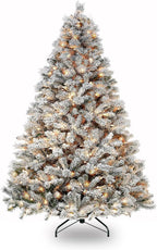 VIVATREES 6.5'/7.5'/9' Snow Flocked Prelit Christmas Tree with Pine Cones, Warm White Lights, Metal Stand and Hinged Branches