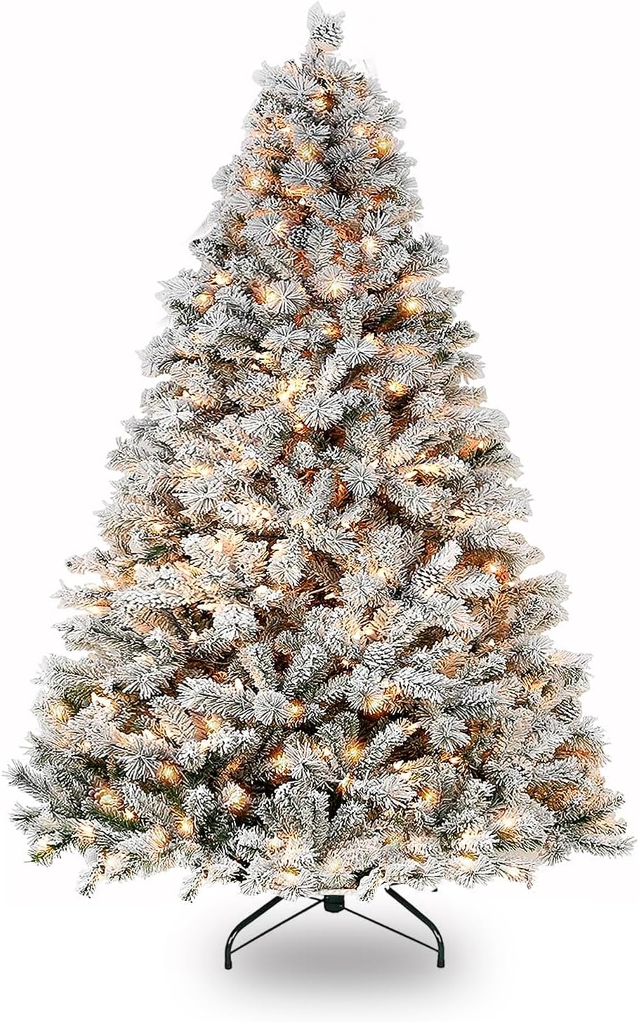 VIVATREES 6.5'/7.5'/9' Snow Flocked Prelit Christmas Tree with Pine Cones, Warm White Lights, Metal Stand and Hinged Branches