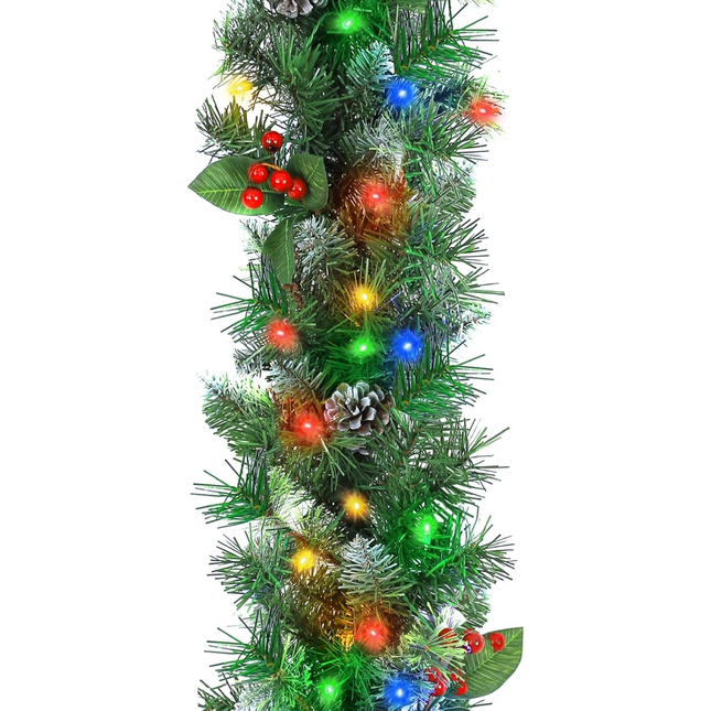 9' Prelit Christmas Garland with 50 Multi Color LED Lights, Artificial Christmas Garland with 210 PVC Branch Tips, Adorned with Pinecones & Red Berries, Battery Operated