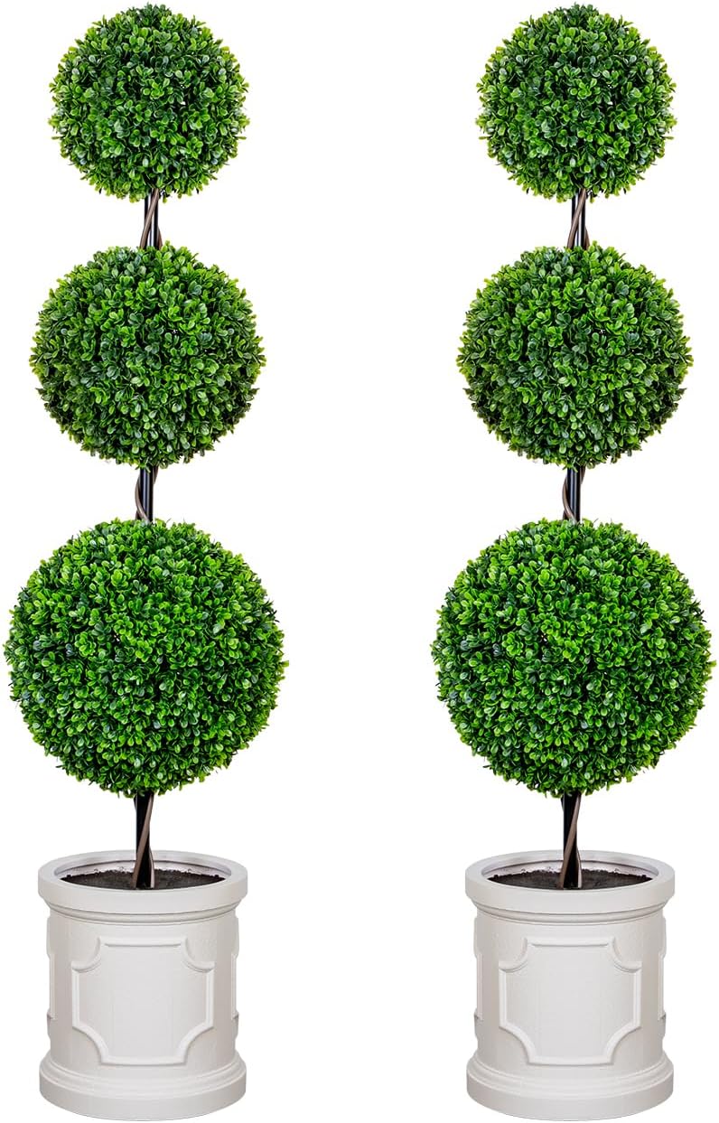 3FT/4FT Artificial Triple Ball Topiary Trees with Roman Style Vintage White Planter Pot, Outdoor Indoor Realistic Faux Shrubs Plants, Fake