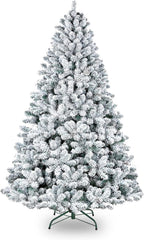 6.5' Snow Flocked Artificial Christmas Tree with Pine Cones, Metal Stand and Hinged Branches