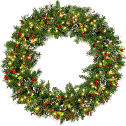 48'' Large Pre-Lit Christmas Wreath with 200 Warm White LED Lights, 434 Branch Tips, Artificial Wintry Pine Wreath with Timer, Pinecones & Red Berries, Plug in