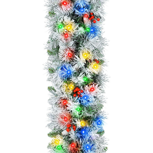 9' Prelit Snow Flocked Christmas Garland with 50 Multi-Color LED Lights, Pinecones and Red Berries, Artificial Christmas Garland, Battery Operated with Timer