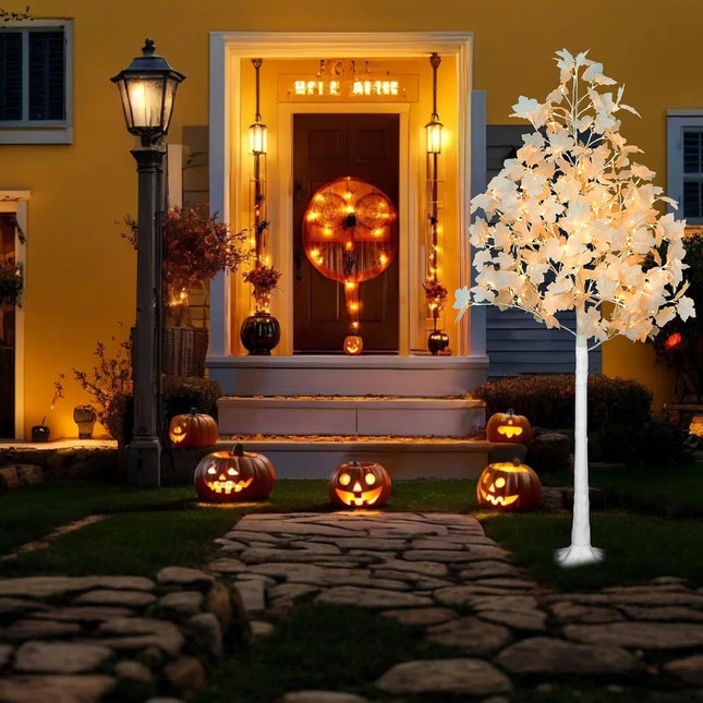 6FT 120LED Artificial Lighted White Maple Tree, Tall Tree with Dual-Tone Lights (Cold & Warm White) Thanksgiving, Christmas, Autumn Harvest Outdoor Indoor Home Decor