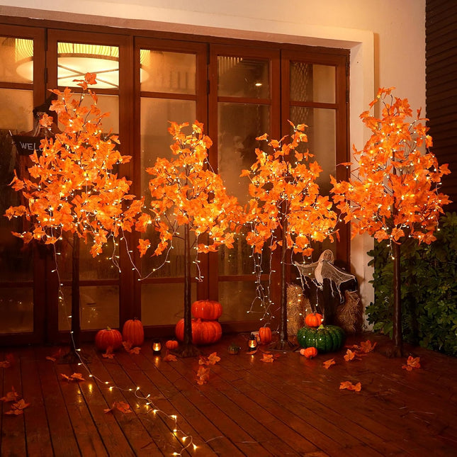 2PACK Artificial Lighted Maple Tree (5FT 96LED & 6FT 120LED) Tall Tree with Warm White Lights and Maple Leaves for Thanksgiving, Christmas, Autumn Harvest Outdoor Indoor Home Decor, Orange