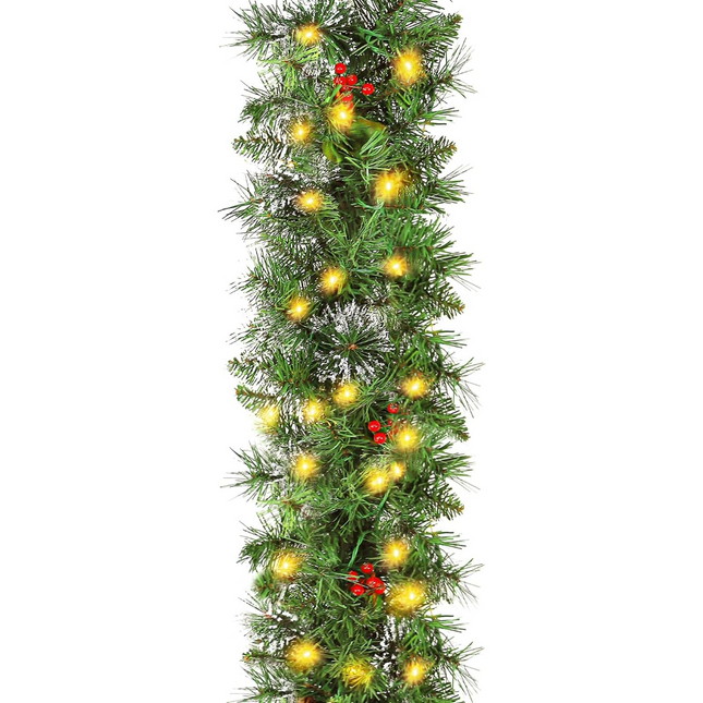 9' Prelit Christmas Garland with 50 Warm White Lights, Artificial Garland with 215 PVC Branch Tips, Adorned with Pinecones & Red Berries, Battery Operated