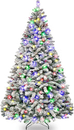 Vivatrees 6.5'/7.5'/9' Prelit Snow Flocked Christmas Tree with Pine Cones and Berries, Color Changing LED Lights, Branch Tips, Metal Stand and Hinged Branches, 10 Color Modes