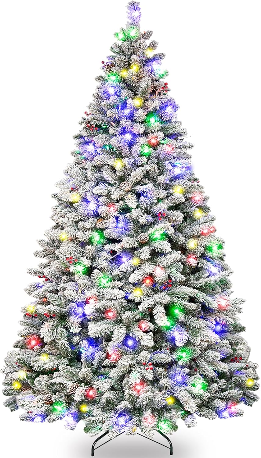 Vivatrees 6.5'/7.5'/9' Prelit Snow Flocked Christmas Tree with Pine Cones and Berries, Color Changing LED Lights, Branch Tips, Metal Stand and Hinged Branches, 10 Color Modes