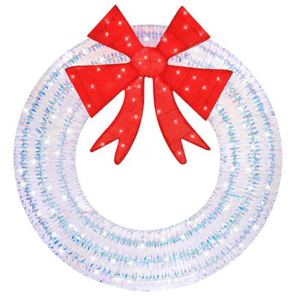 4' Lighted Outdoor Iridescent Christmas Wreath with 140 LED Lights, Outdoor Christmas Holiday Decoration with Bow for Garden, Porch - White