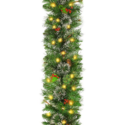 12' Prelit Christmas Garland with 100 Warm White Lights, Artificial Garland with 288 PVC Branch Tips, Adorned with Pinecones & Red Berries, Battery Operated